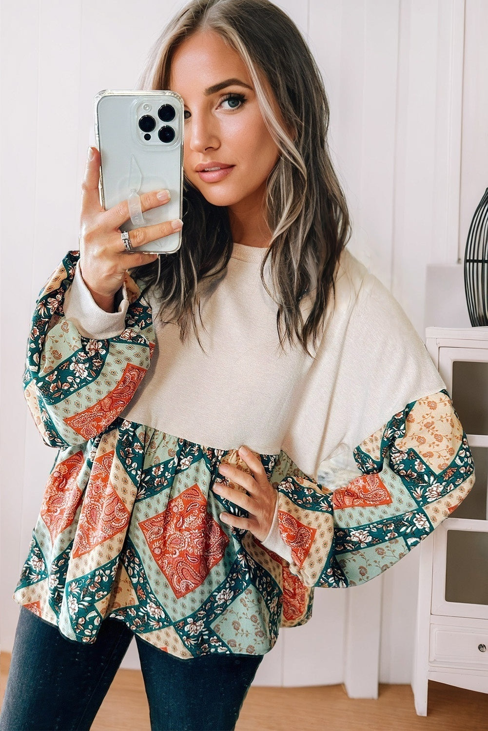 Paisley Geometric Patchwork Crew Neck Loose Fit Top | Jet Stream