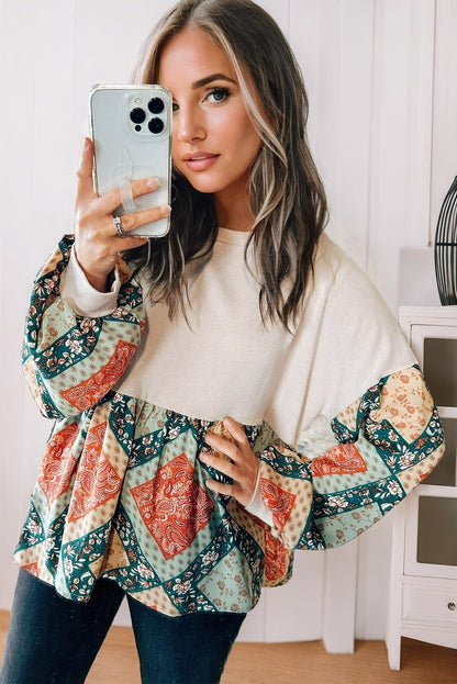 Paisley Geometric Patchwork Crew Neck Loose Fit Top | Jet Stream