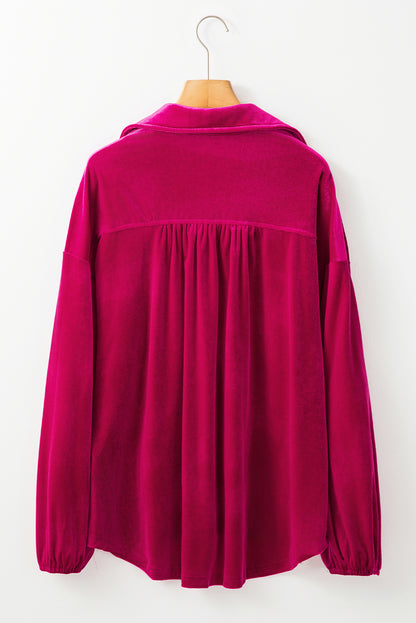 Buttoned V Neck Chest Pocket Velvet Shirt | Pitaya Pink