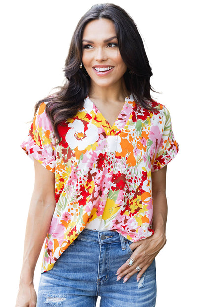 Boho Floral Print V Neck Short Sleeves Top | White