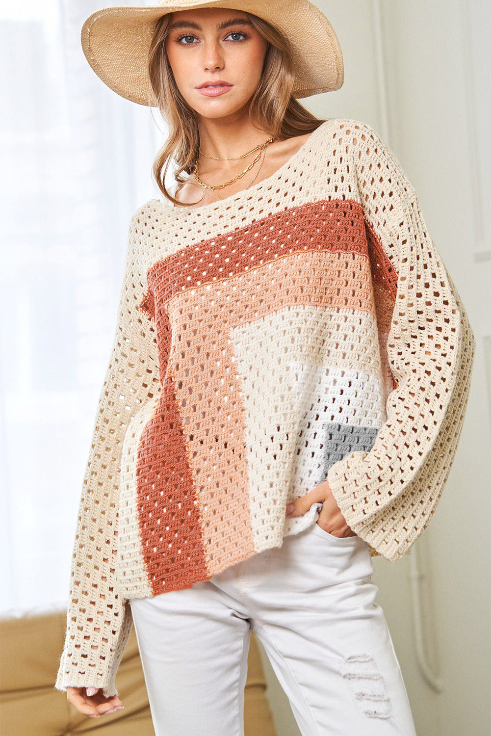 Pointelle Knit Colourblock Baggy Sweater | Apricot