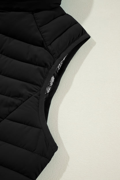 Plush Collared Quilted Zipped Puffer Vest | Black