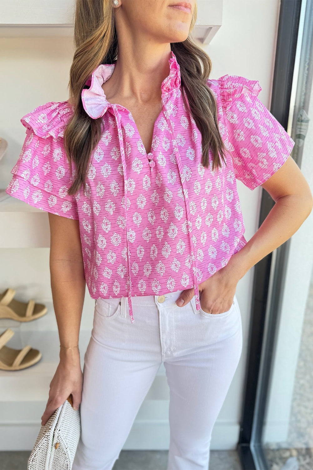 Pink Vintage Floral Ruffled Split Neck Short Sleeve Blouse