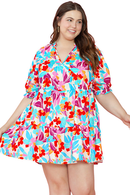 Floral Tiered V Neck Plus Dress | Multicolour