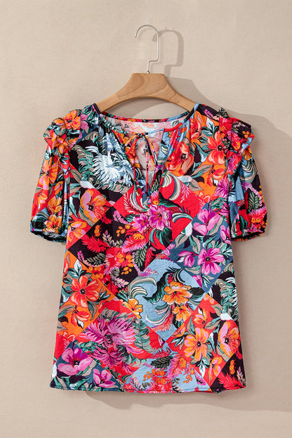 Floral Print Ruffle Trim Bubble Sleeve Split Neck Blouse | Multicolour