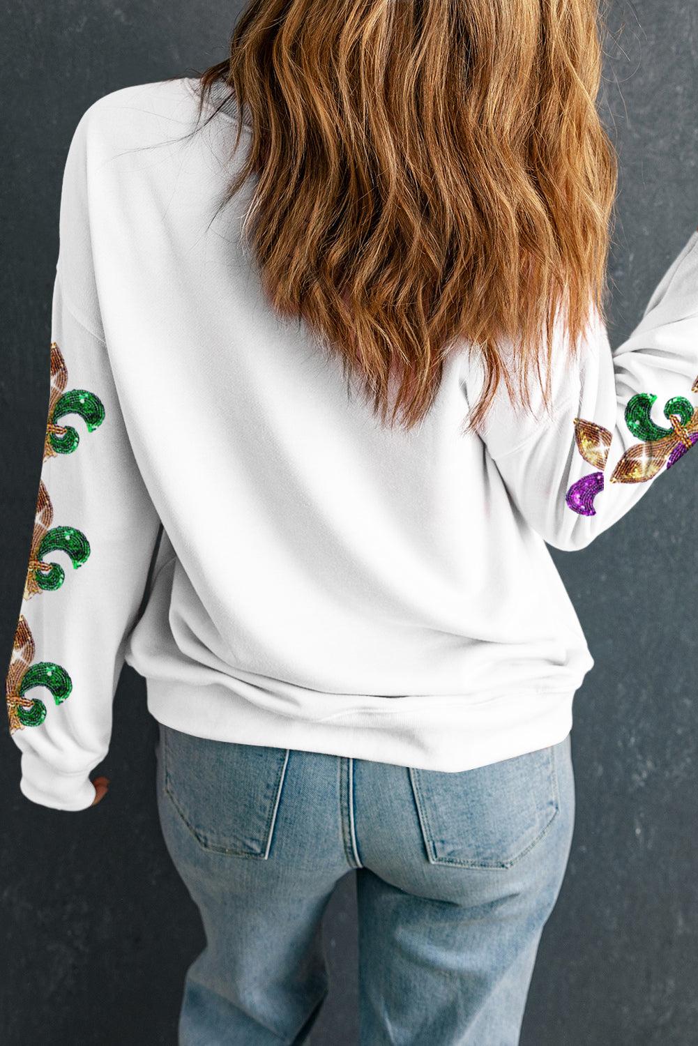 Sequin Mardi Gras Patched Pattern Fleur De Lis Sleeve Sweatshirt | Beige