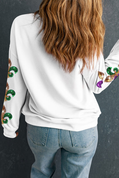 Sequin Mardi Gras Patched Pattern Fleur De Lis Sleeve Sweatshirt | Beige