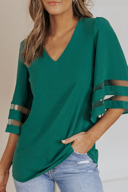 Flare Sleeve V Neck Loose Blouse | Green