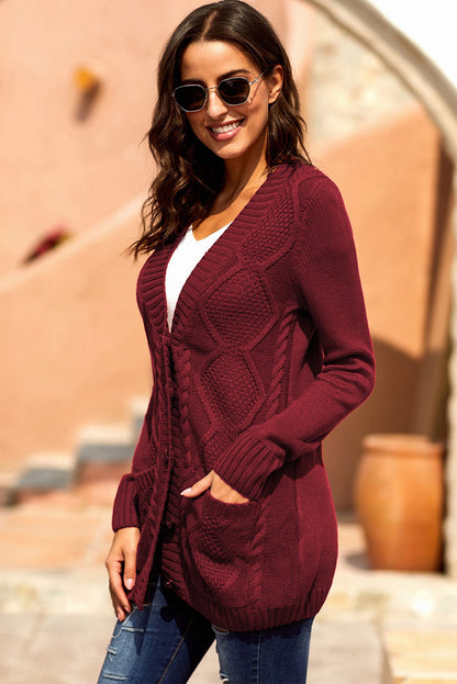 Burgundy Front Pocket And Buttons Closure Cardigan | Red