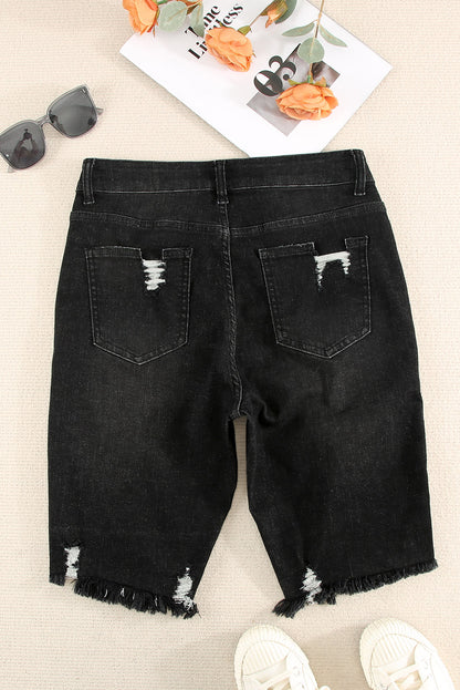 Ripped Tassel Bermuda Denim Shorts | Black