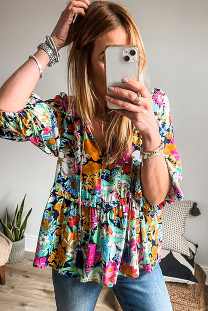 Floral Print Bubble Sleeve V Neck Ruffled Blouse | Multicolour