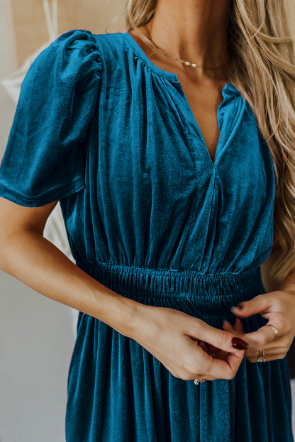 Velvet Short Sleeve Shirred Waist Tiered Maxi Dress | Prussian Blue