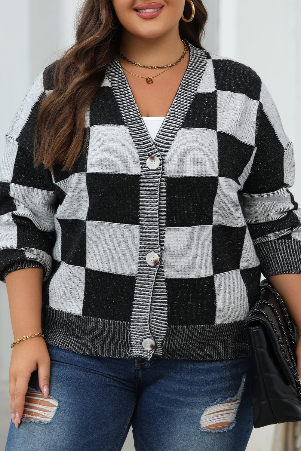 Checkered Drop Shoulder Buttoned V Neck Cardigan | Black