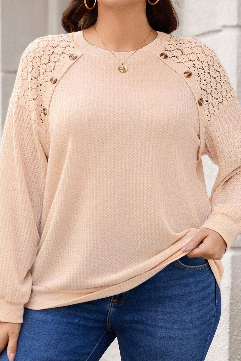 Plus Size Lace Patchwork Buttons Waffle Knit Top | Beige