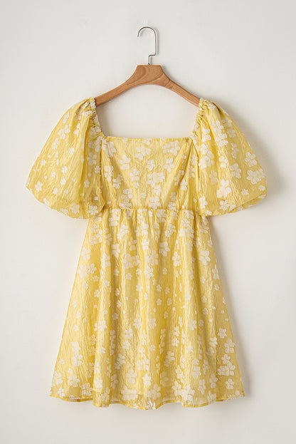 Boho Flower Jacquard Puff Sleeve Square Neck Mini Dress | Yellow