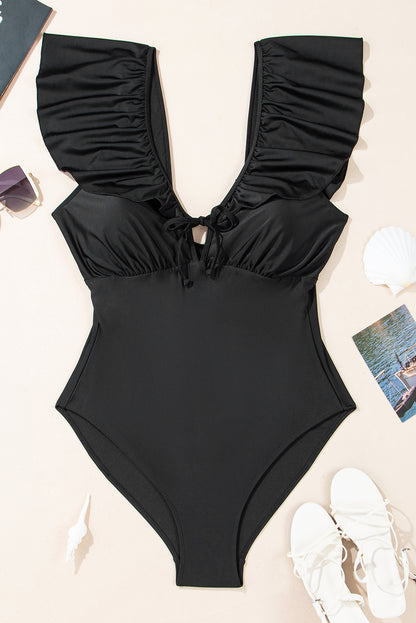 Ruffled Sleeve Lace-Up V Neck Plus Size One Piece Swimsuit | Black