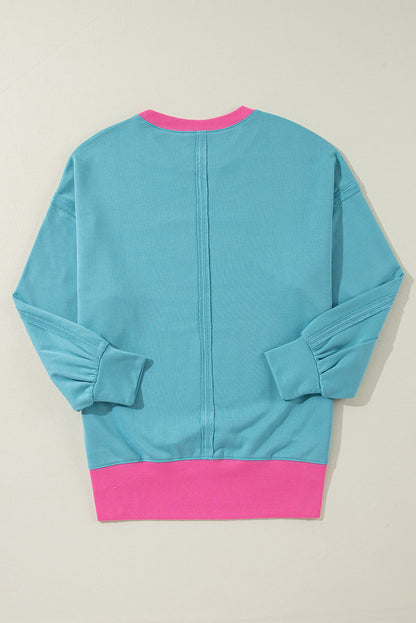 Colourblock Patchwork Crew Neck Loose Sweatshirt | Light Blue