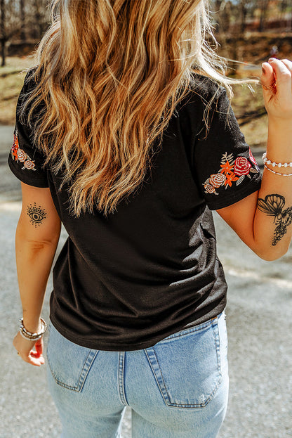 Floral Embroidered Round Neck Short Sleeve T Shirt | Black