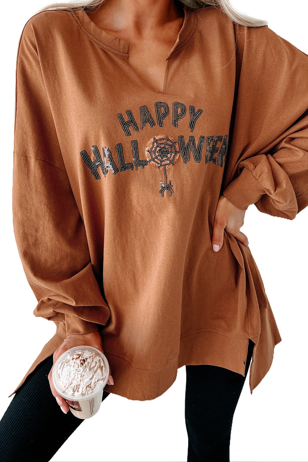 Sequin Happy Halloween Graphic Notched Neck Long Sleeve Loose Top | Chestnut