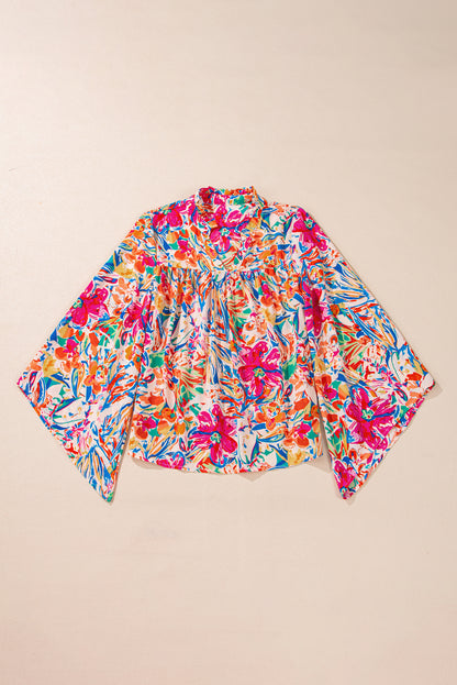 Floral Print Bell Sleeve V Neck Blouse | Multicolour