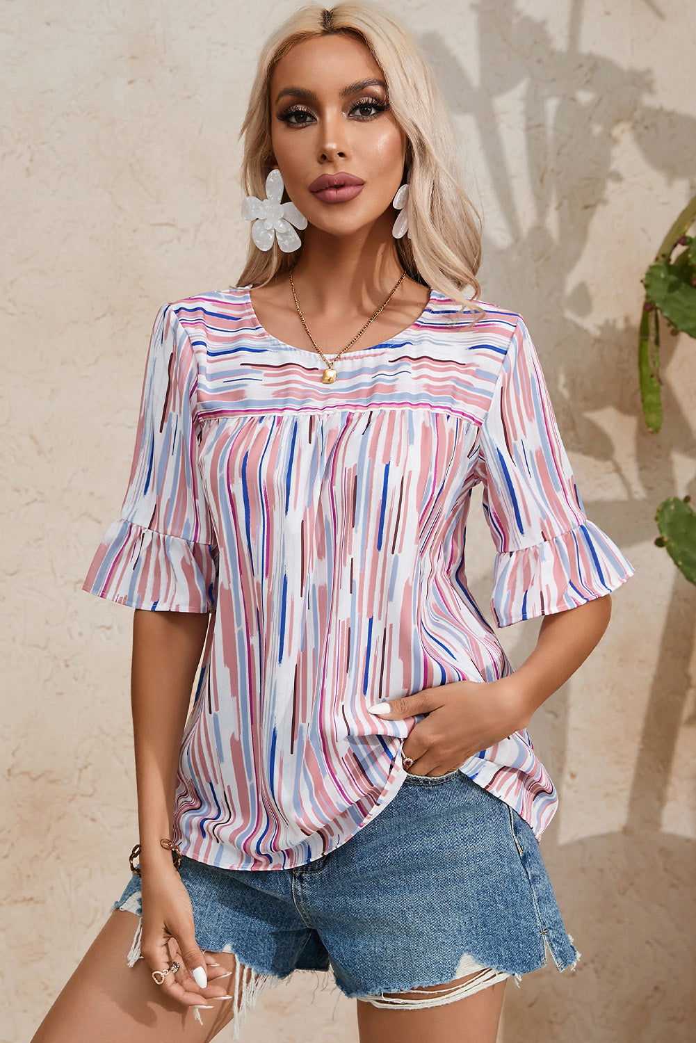 Multicolour Striped Splash Half Sleeve Blouse | White