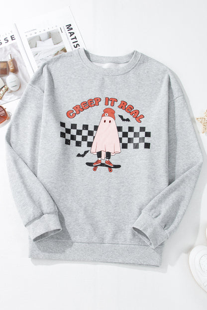 Creep It Real Ghost Print Plus Size Sweatshirt | Light Grey