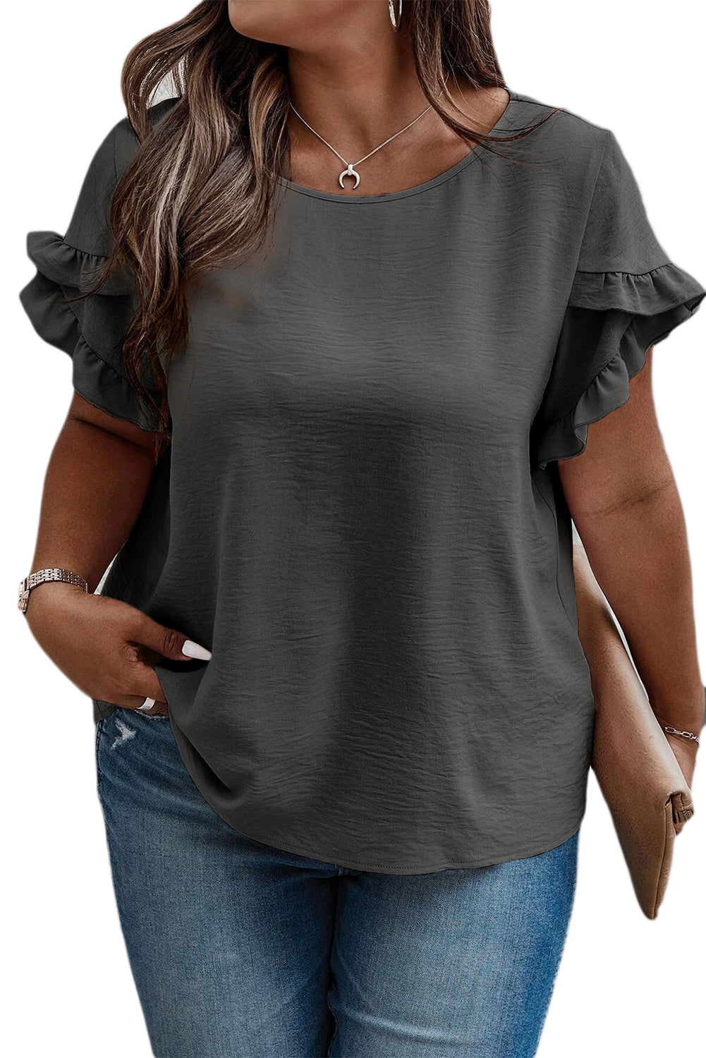 Ruffled Short Sleeve Plus Size Top | Dark Grey