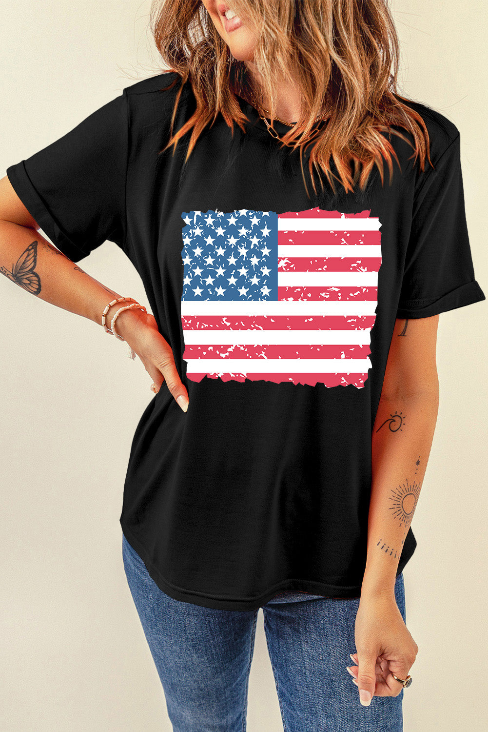 Frayed American Flag Printed Crewneck T Shirt | Black