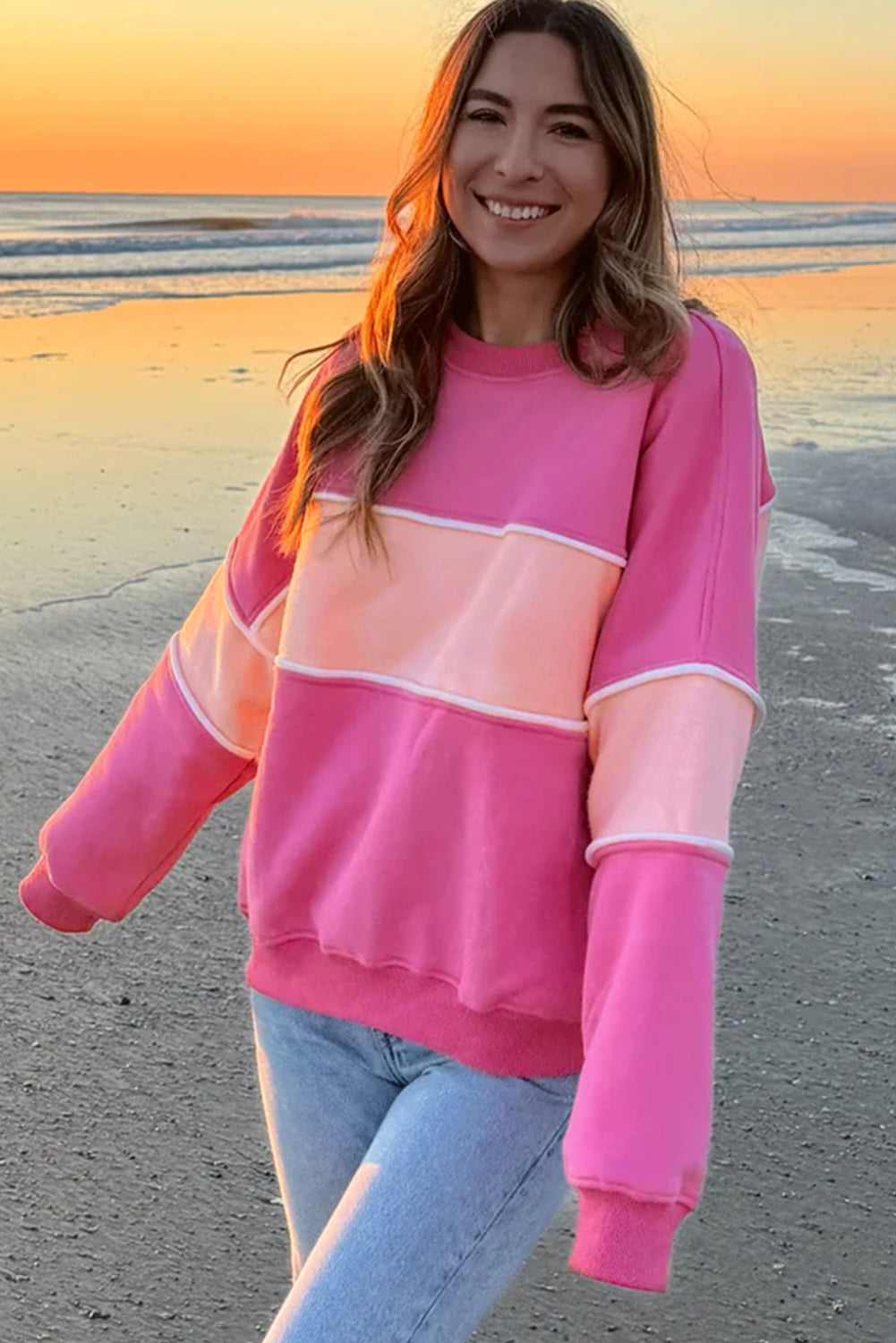 Colourblock Patchwork Drop Shoulder Ribbed Trim Sweatshirt | Sachet Pink