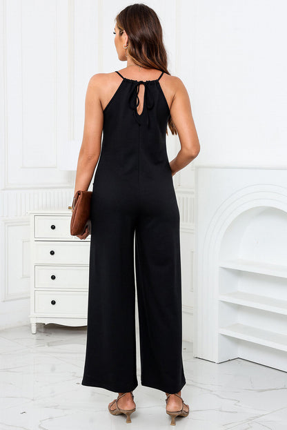 Patch Pockets Spaghetti Strap Wide Leg Jumpsuit | Black