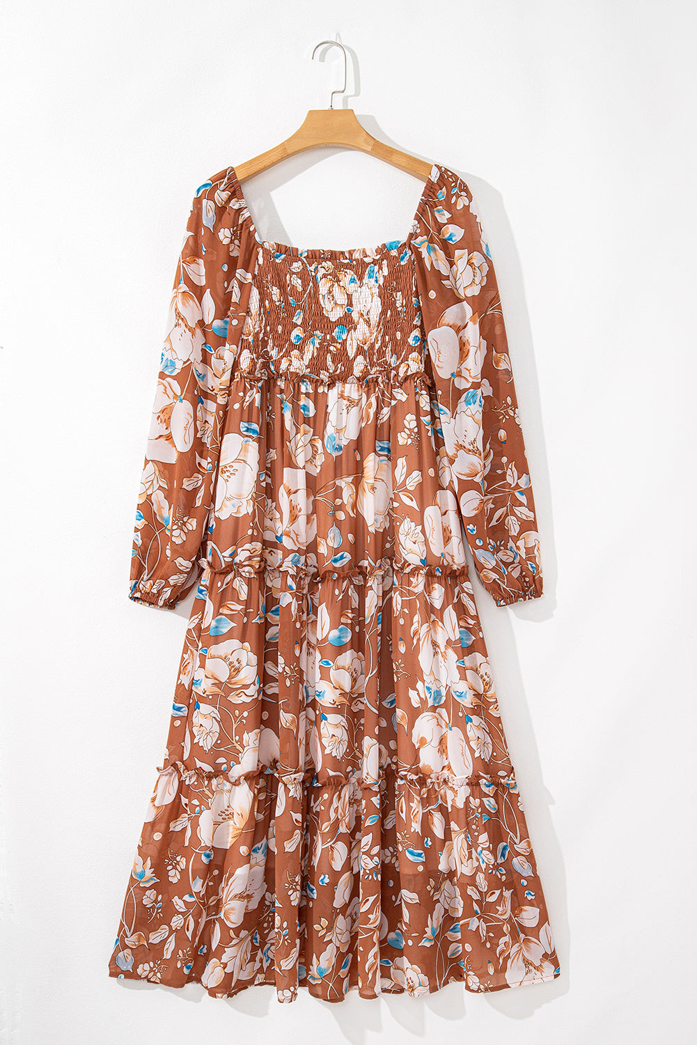 Floral Print Shirred Square Neck High Waist Maxi Dress | Brown