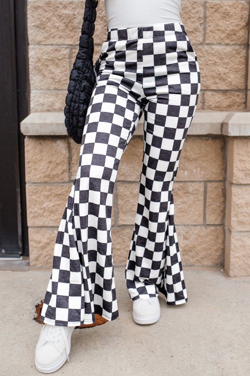 Checkerboard High Rise Casual Flared Pants | Black