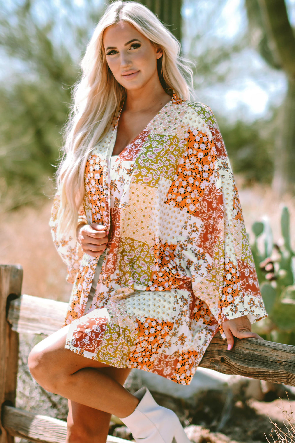 Boho Patchwork Floral Open Front Kimono | White