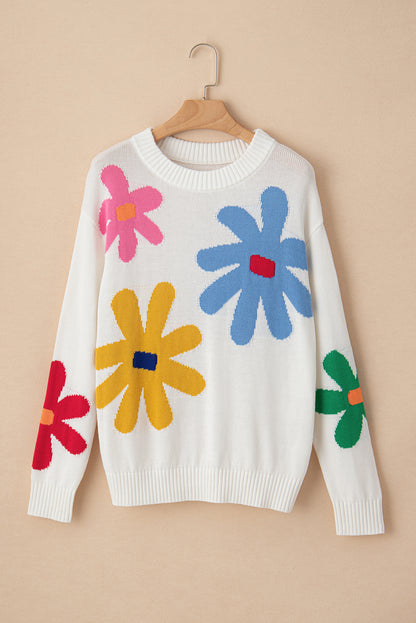 Colourful Big Flower Pattern Crewneck Sweater | White