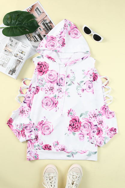 Floral Print Criss-Cross Cold Shoulder Hoodie | White