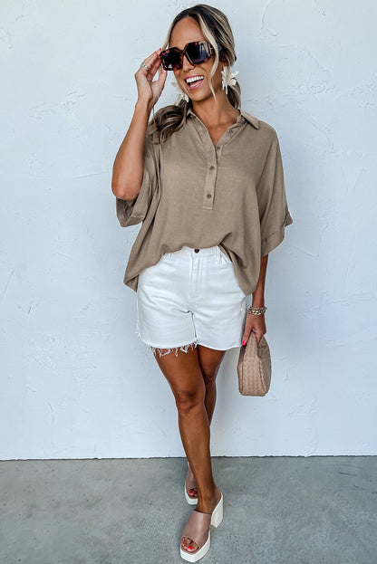 Collared Half Buttons Folded Short Sleeve Oversize Top | Simply Taupe