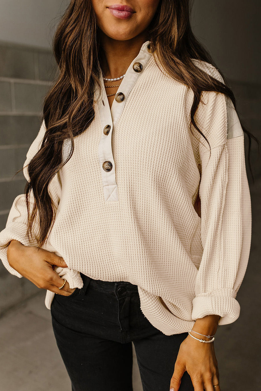 Waffle Long Sleeve Collar Half Button Loose Top | Jet Stream