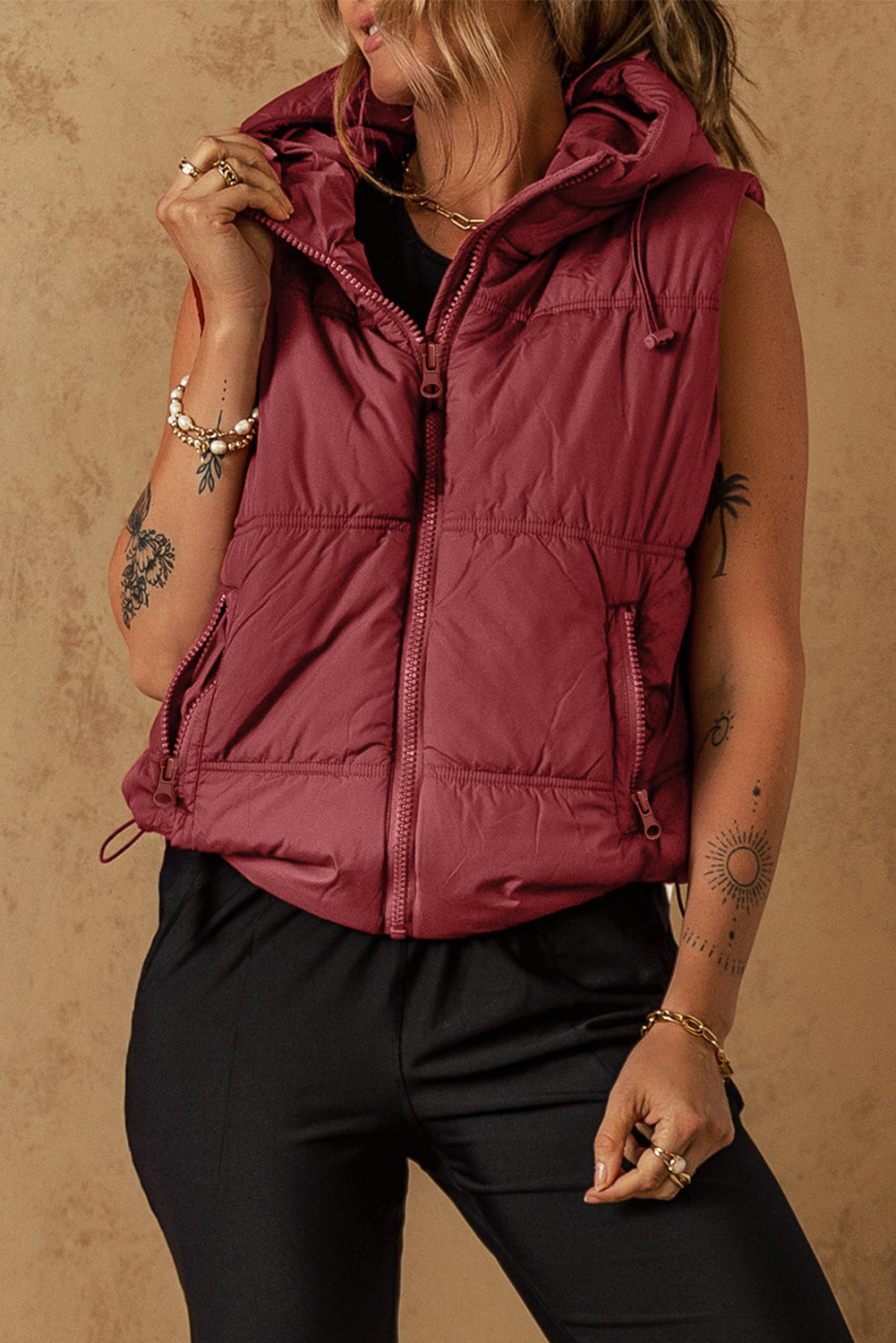 Zip-Up Side Pockets Hooded Puffer Vest | Clay