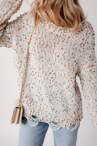 Colourful Confetti Distressed Knit Sweater | White