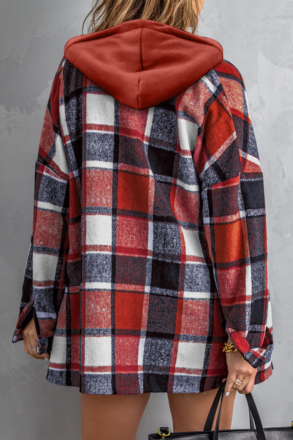 Fiery  Hooded Plaid Button Front Shacket | Red