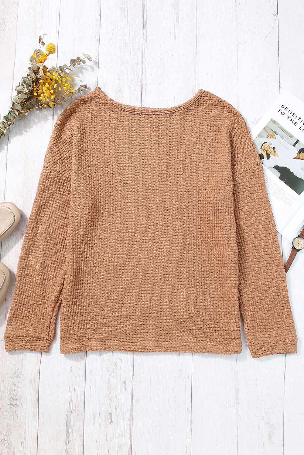 Waffle Knit Drop Shoulder Long Sleeve Top | Khaki