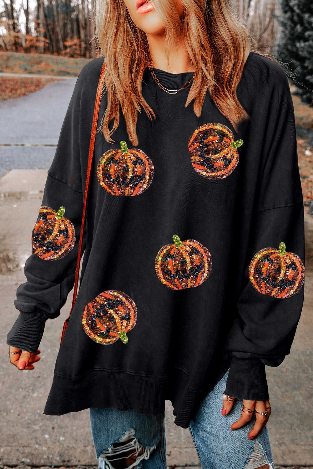 Sequined Jack O Lantern Split Hem Baggy Sweatshirt | Black