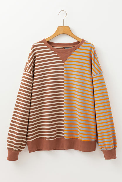 Casual Stripe Colourblock Drop Shoulder Oversize Sweatshirt | Brown Stripe