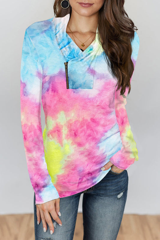 Pink Tie-dye Print Zipper Pullover Top