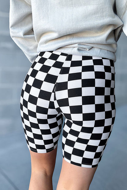 Checkerboard Printed High Waist Biker Shorts | Black