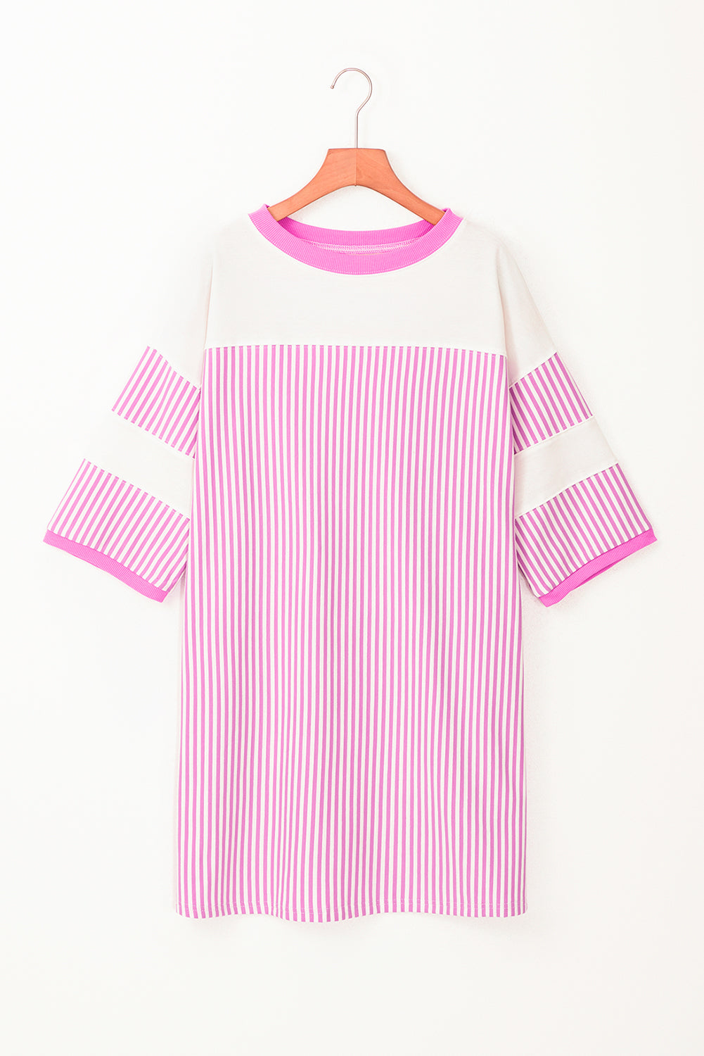 Striped Patchwork Three Quarters Sleeve Loose Mini Dress | Phalaenopsis