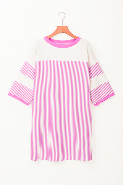 Striped Patchwork Three Quarters Sleeve Loose Mini Dress | Phalaenopsis