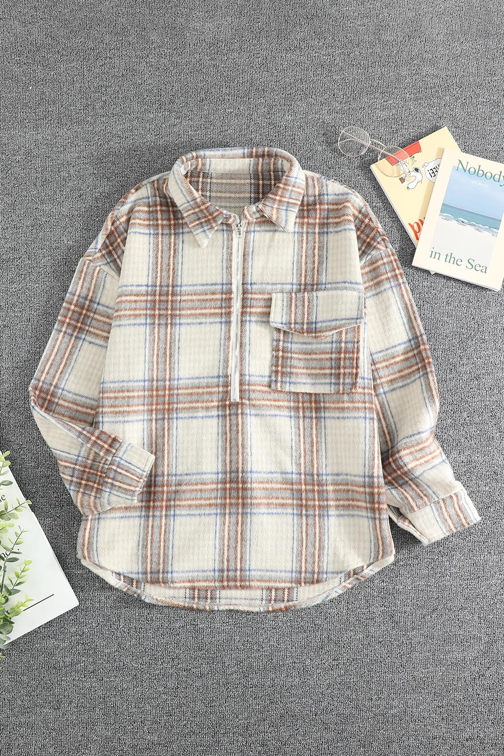 Chest Pocket Plaid Half Zip Sweatshirt | Apricot