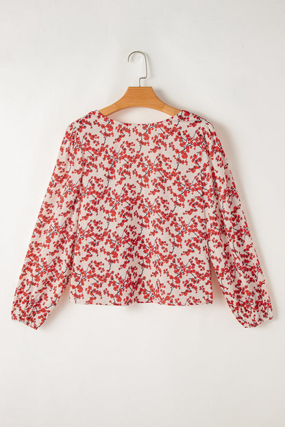 Floral Print Long Sleeve Open Back Blouse | Red