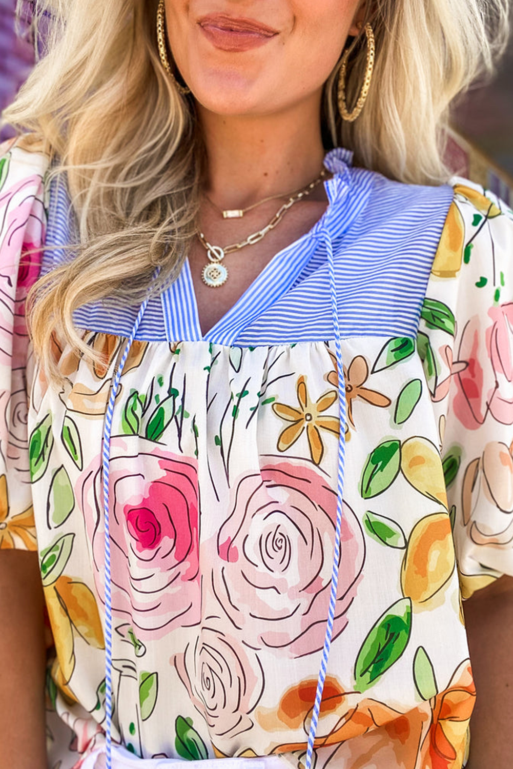 Floral Print Striped Yoke Frilled V Neck Puff Short Sleeve Blouse | Multicolour